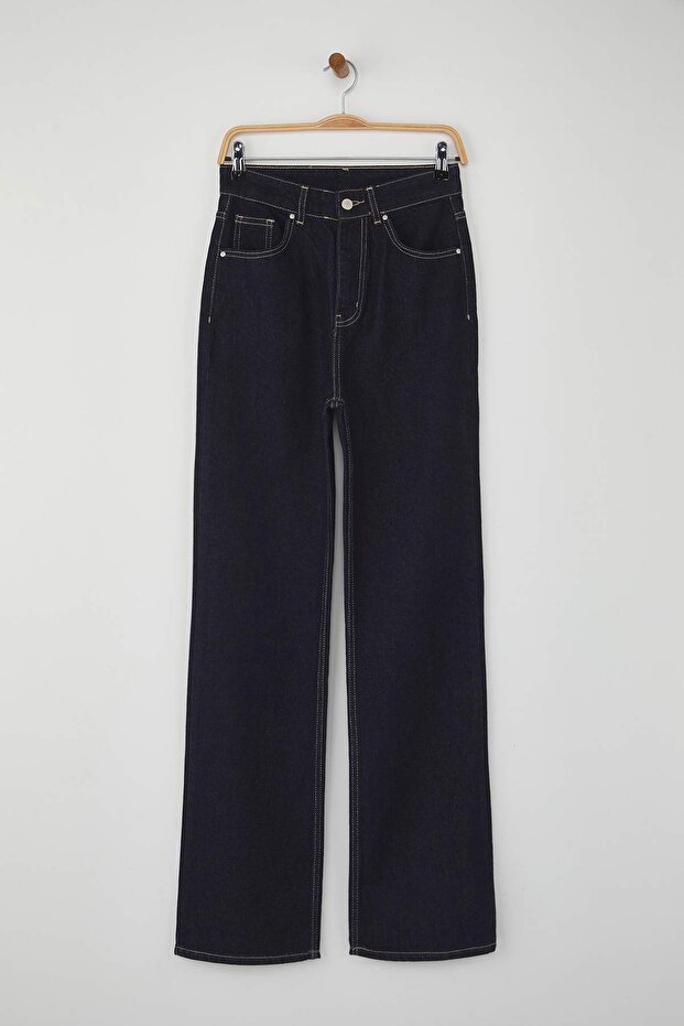 Koyu Mavi Yüksek Bel Straight/Düz Kesim %100 Pamuk Jeans TWOAW26JE00025 - 5