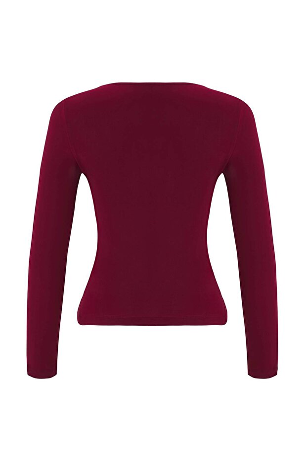 Bordo Aksesuar ve Cut Out Detaylı Vücuda Oturan Esnek Örme Bluz TWOAW26BZ00087 - 6
