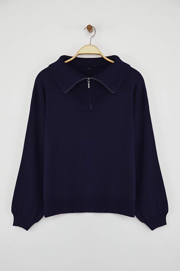 Vücut Seçmeyen Lacivert Geniş Kalıp Fermuarlı Triko Kazak TWOAW26KZ00109 - 6