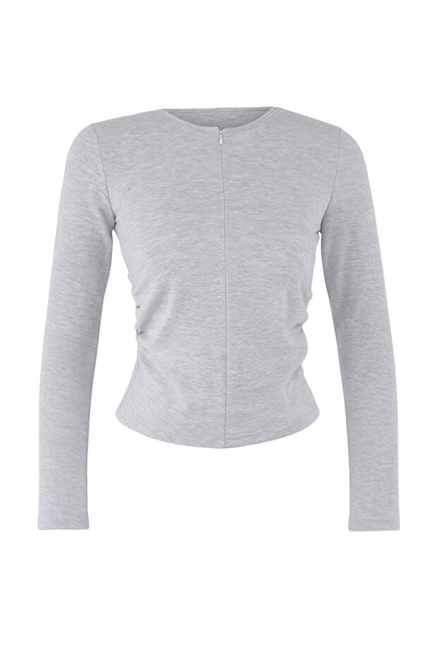 Gri Melanj Fitted/Vücuda Oturan Çift Görünümlü Yarım Fermuarlı Çift Katlı Örme Bluz TWOAW26BZ00031 - 5