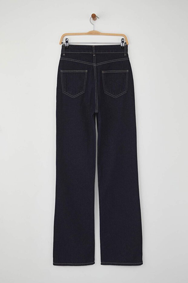Koyu Mavi Yüksek Bel Straight/Düz Kesim %100 Pamuk Jeans TWOAW26JE00025 - 6