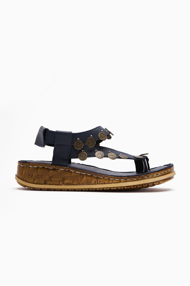 Genuine Leather Lilah Denim-Blue Women's Sandals with Money Detail