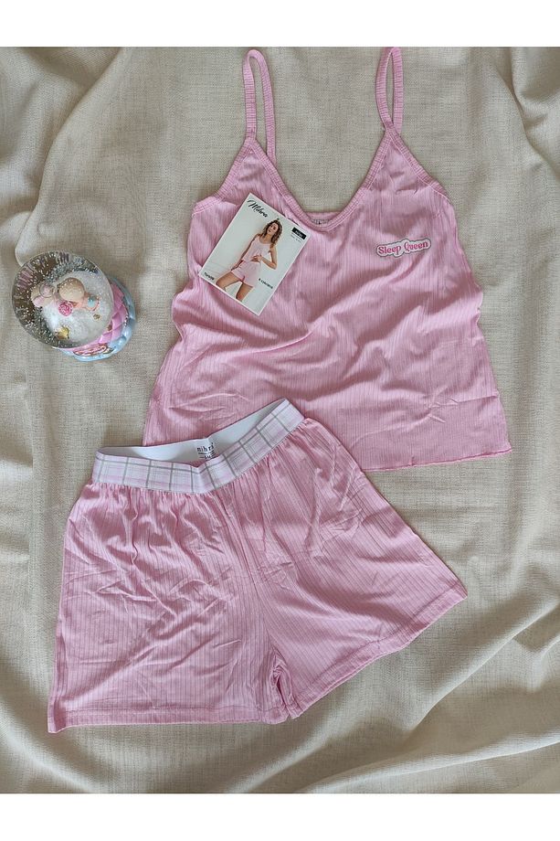 Kaşkorse Kumaş Askılı Şortlu Kadın Pijama Takımı S/M - L - XL - XXL 70702 - 5