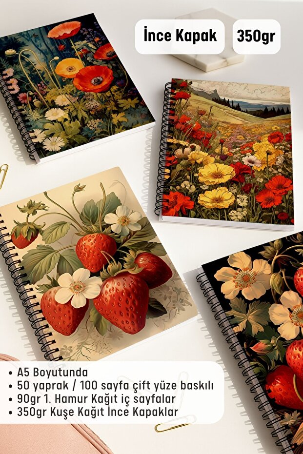 School Notebook Set with Spiral and No Line, A5 Size 50 Sheets 100 Pages Set of 4, Strawberry Set - 2