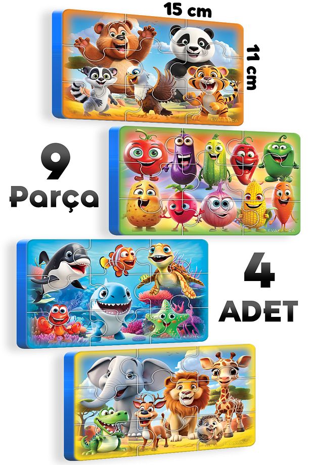 9 Parçalı 4 Adet Yaban Deniz Hayvanları Sebzeler Kalın Çocuk Puzzle Yapboz - 1