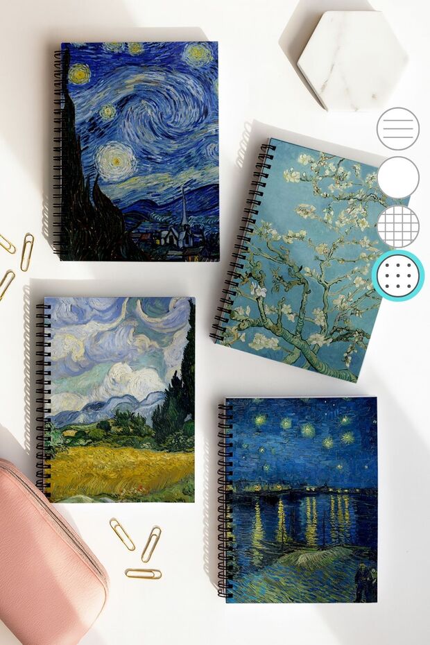 مجموعة دفاتر مدرسية من Van Gogh Spiral Dotted، مقاس A5 / 50 ورقة، 100 صفحة، مجموعة من 4 قطع، Van Gogh