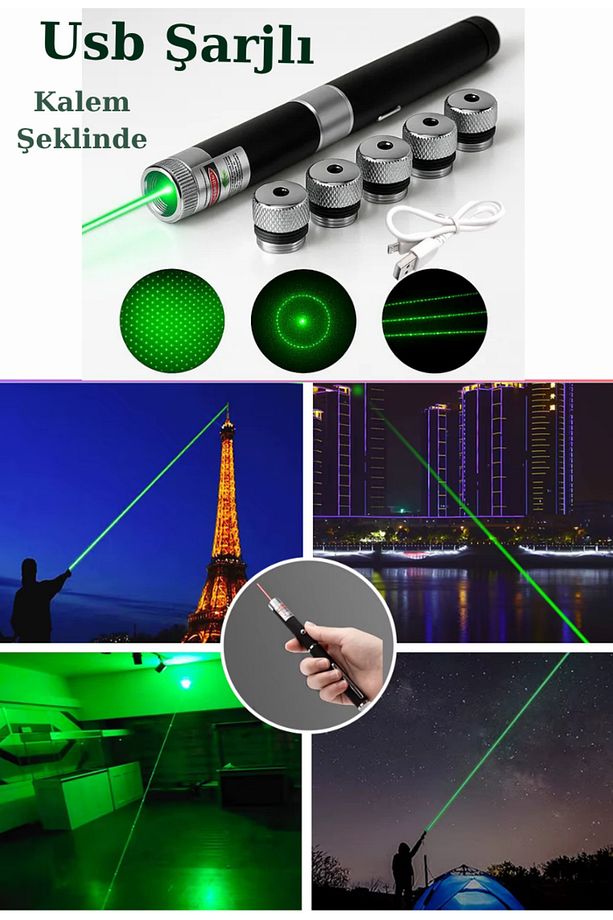 Usb Şarjlı Voltran Yeşil Lazer Kalem Başlıklı Yeşil Lazer Pointer Turbo Işın Yeşil Laser Pointer - 1