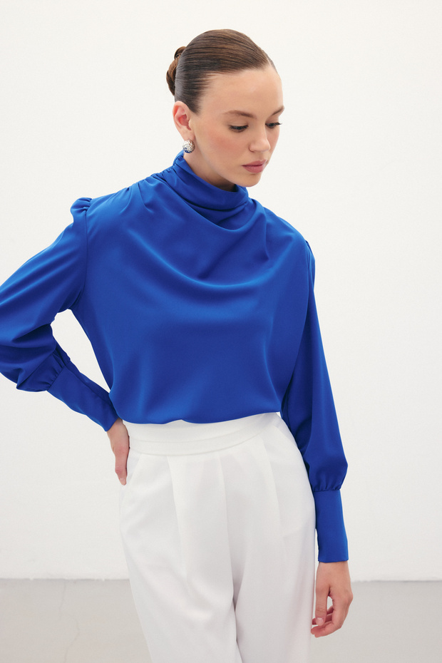 Drape Detaylı Bluz - Sax Mavi - 7