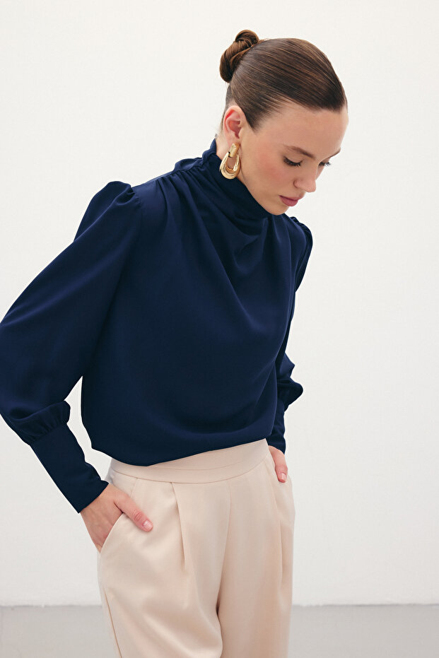Drape Detaylı Bluz - Lacivert - 2