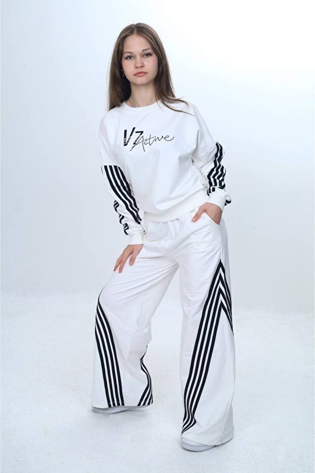 Girl's Stripe Detailed Oversize Tracksuit Set - 100% Cotton 2 Thread Comfortable Fit