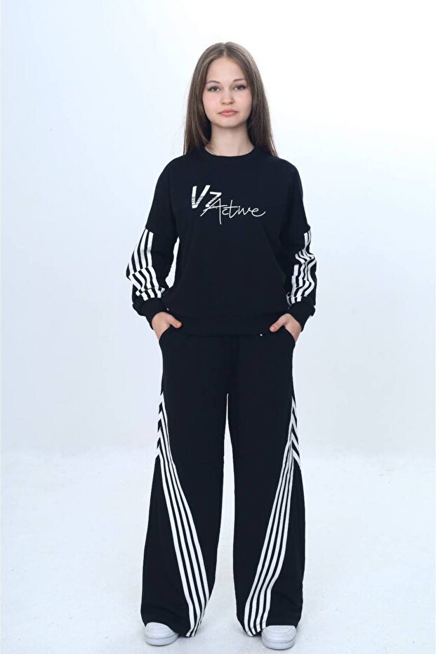 Girl's Stripe Detailed Oversize Tracksuit Set - 100% Cotton 2 Thread Comfortable Fit-305