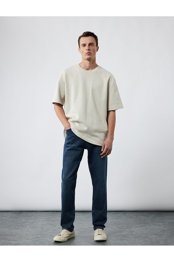 Pamuklu Kısa Kollu Pike Kumaş Bisiklet Yaka Basic Oversize Tişört - 1