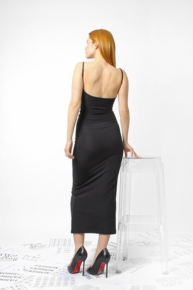 Ayar Askılı Dalgıç Kumaş Midi Boy Siyah Basic Elbise - 2