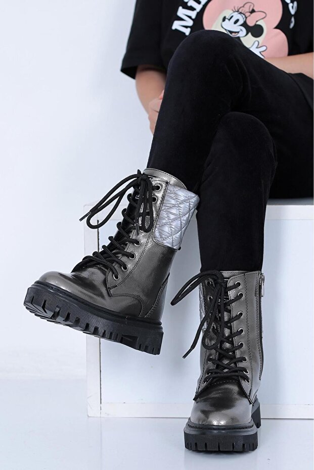 Kız Çocuk Yanı Kapitone Baskılı Bağcıklı Ve Fermuarlı Bot - 2