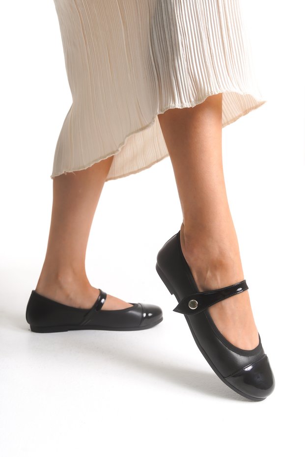 Women's Ballerinas Black Azur Snap Fastener Lightweight Orthopedic Sole Comfortable Stylish Women's Ballerinas