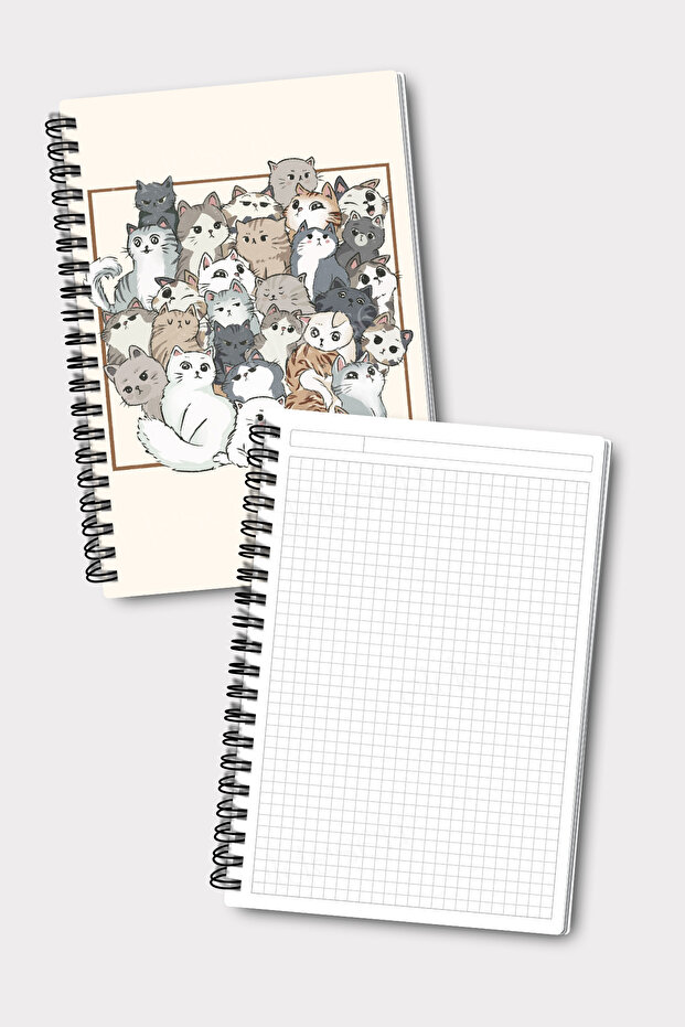 Checkered and Striped Notebook Set, A5 Size 50 Sheets 100 Pages Set of 2, with Cat - 7