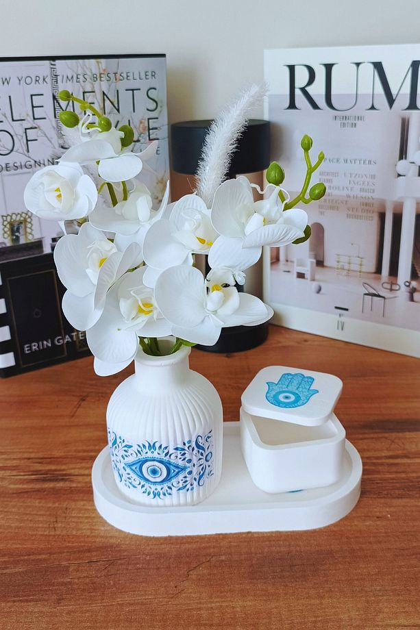 Desenli 3’lü Dekoratif Set – Saksı, Takı Kutusu ve Tabak (Vazodaki çiçekler fiyata dahil değildir) - 5
