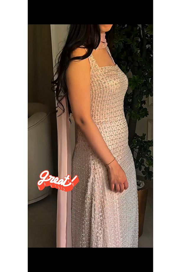 Abiye İçin Taş ve Boncuk İşlemeli Bebe Mavi Dantel 3 Metre ( Alt astarı Dahil) - 4
