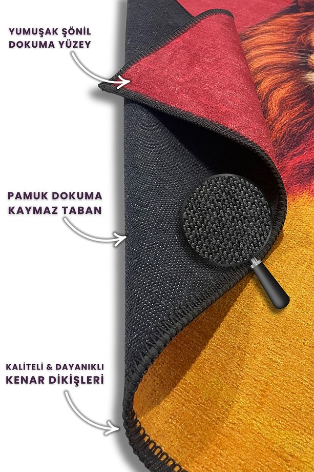 Aslan Desenli Sarı Kırmızı Taraftar Halısı Dijital Baskılı Dokuma Tabanlı Kaymaz Oturma Odası Halısı - 7