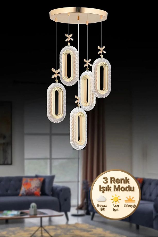 Eclipse Model 5'li Gold 3 Renk Modu Ledli Kristal Taşlı Modern Salon Mutfak Oturma Odası Led Avize - 1