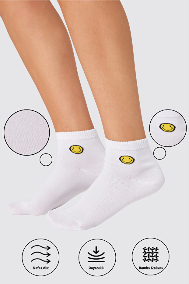 Bamboo Women's Half Socks Smile Patterned Seamless White Socks 3 Pack