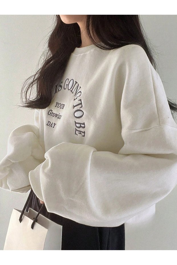 Women's Ecru Today Is Going Printed Crop Crew Neck Sweatshirt