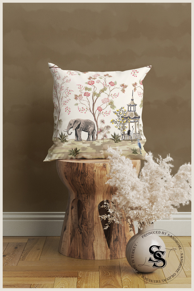 Cream Elephant And Roses Pattern Patterned Decorative Gift Throw Pillow - Pillow Case