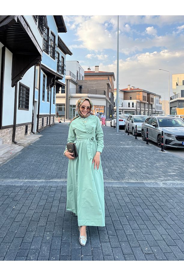 Kendinden Kuşaklı Yandan Cepli Yazlık Elbise - 1