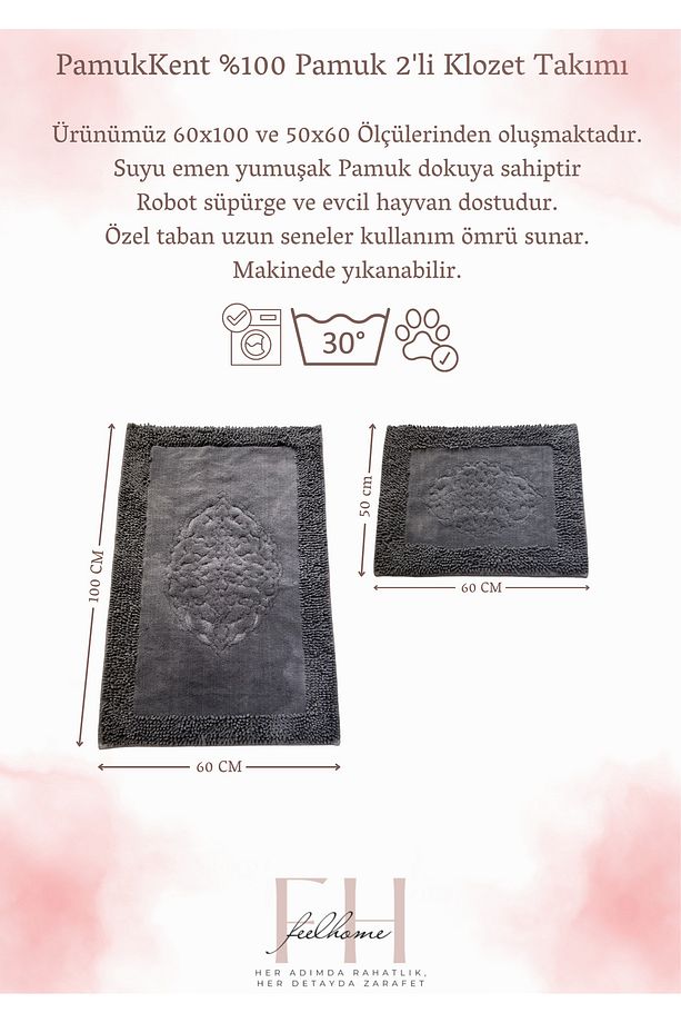 Pamukkent Yumuşacık, Süper Emici 2'li 100% Pamuk Ultra Lüks Banyo Paspası Seti Antrasit - 4