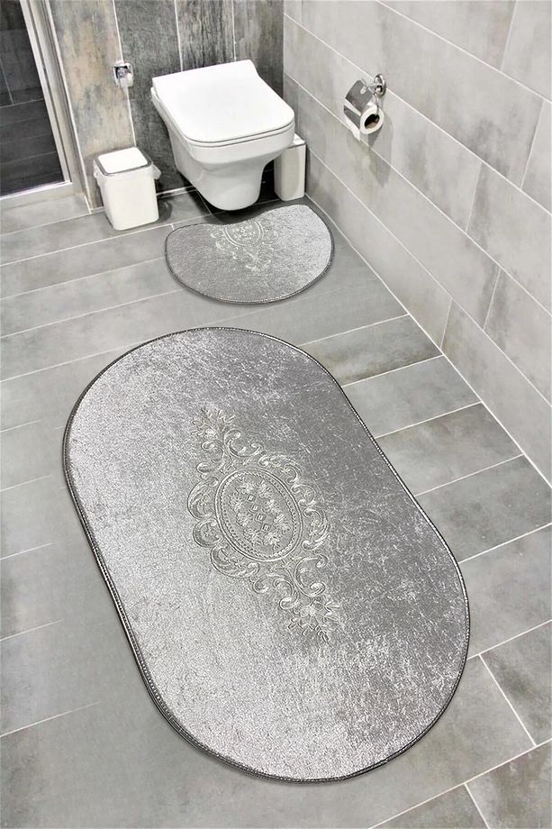 Akseki Kaymaz Taban, Emici, Kadife 2'li Süper Lüks Oval Banyo Paspası Seti Gri - 1
