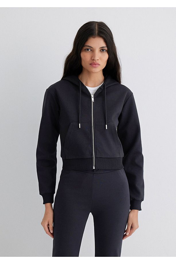 Kapüşonlu Siyah İnterlok Sweatshirt 1S10424-900 - 6
