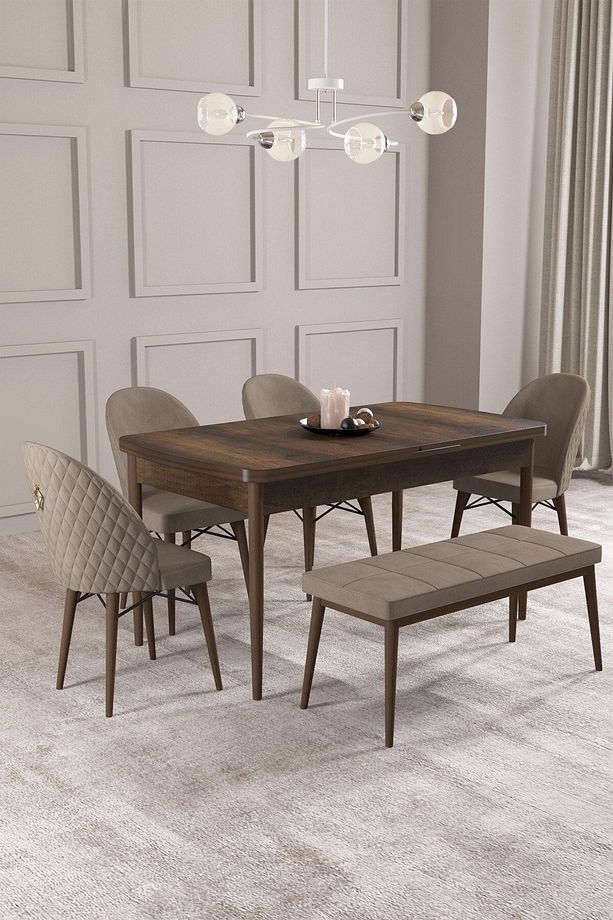 Calvin Barok 80x132 Açılabilir Mdf Masa Yemek Odası Takımı, Mutfak Takımı 4 Sandalye, 1 Bench - 1