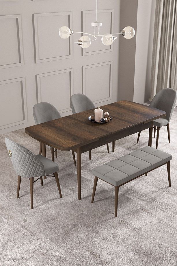 Calvin Barok 80x132 Açılabilir Mdf Masa Yemek Odası Takımı, Mutfak Takımı 4 Sandalye, 1 Bench - 2