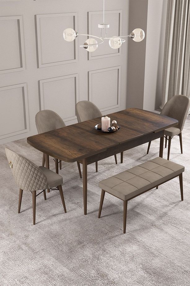 Calvin Barok 80x132 Açılabilir Mdf Masa Yemek Odası Takımı, Mutfak Takımı 4 Sandalye, 1 Bench - 2