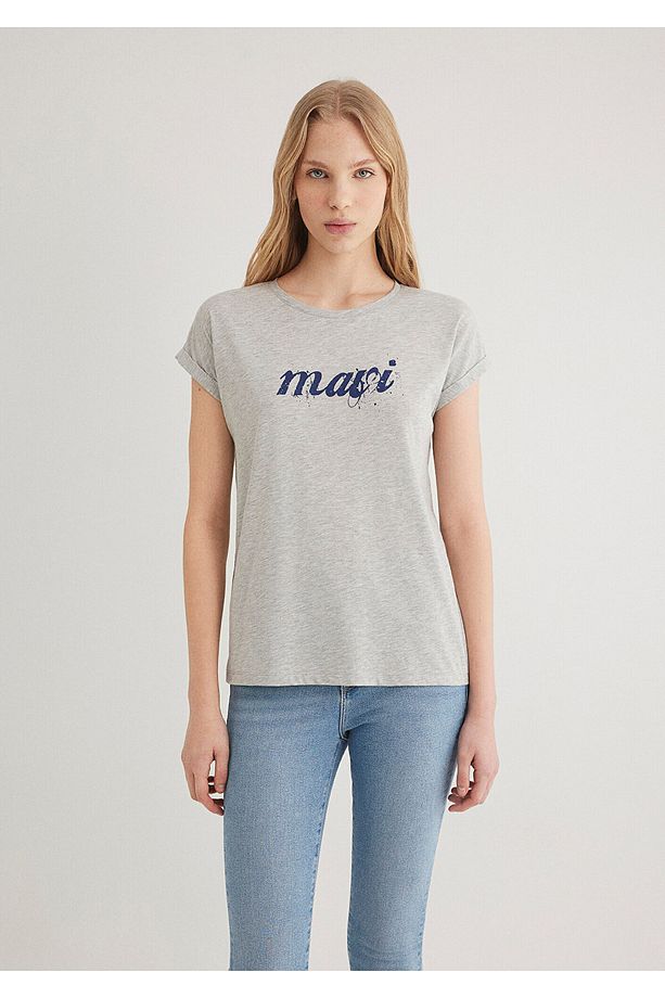 Logo Baskılı Gri Tişört Loose Fit / Bol Rahat Kesim 166422-25702 - 4