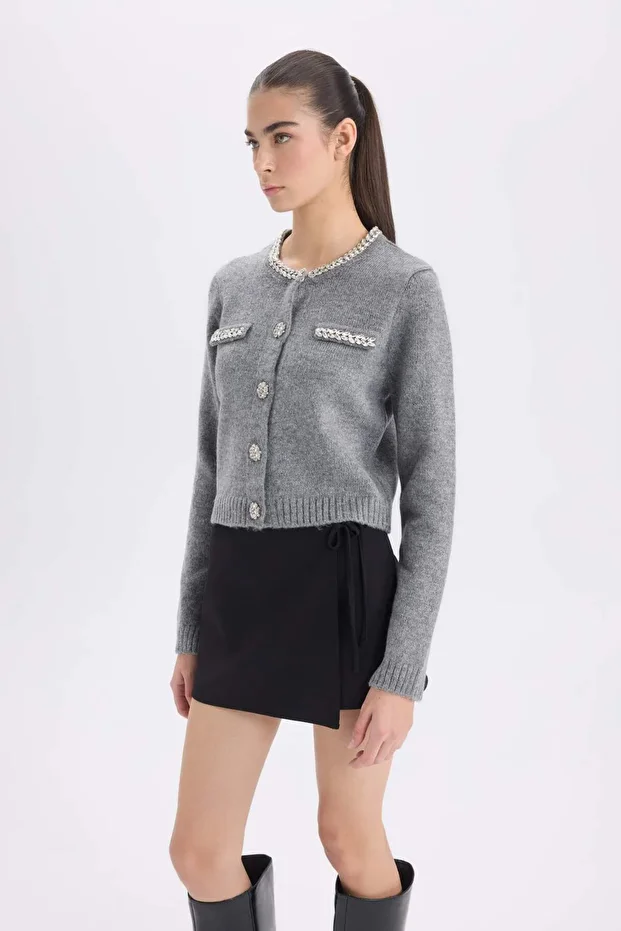 Regular Fit Bisiklet Yaka Taşlı Düğmeli Triko Hırka D8521AX24WN - 3