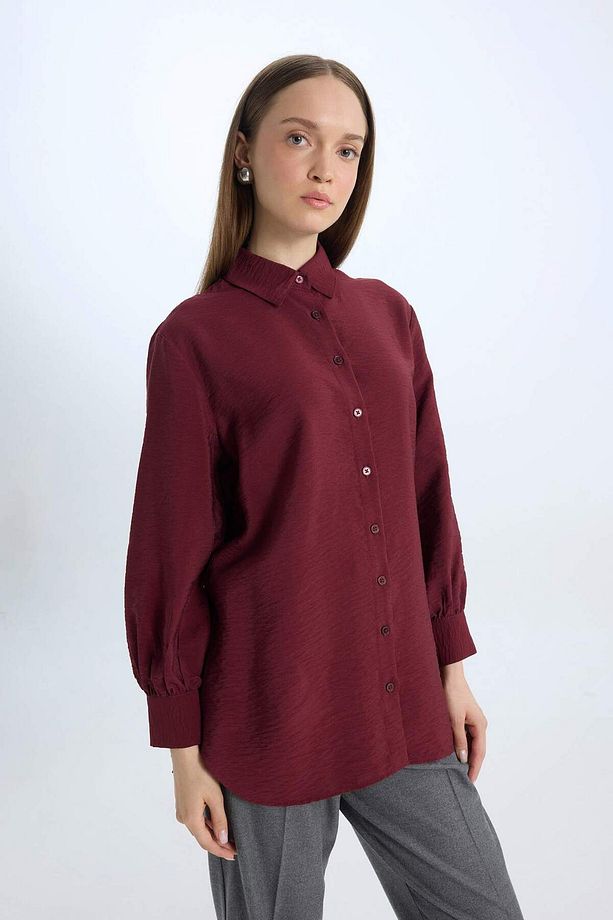 Relax Fit Gömlek Yaka Basic Düz Uzun Kollu Gömlek Tunik E2101AX24WN - 5