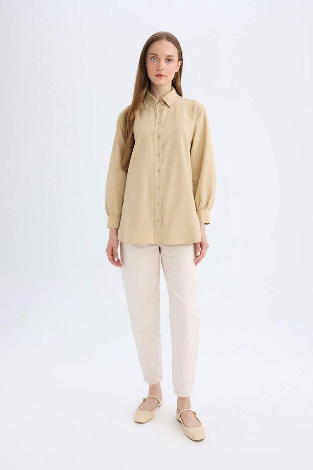 Relax Fit Gömlek Yaka Poplin Basic Düz Uzun Kollu Gömlek Tunik D4159AX24AU - 2