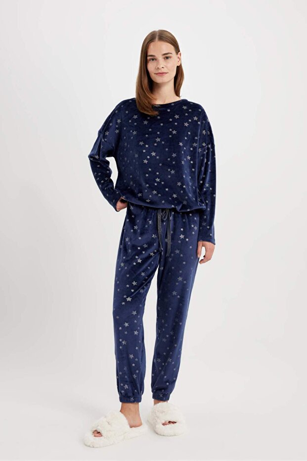 Pajama Set Patterned Velur Long Sleeve Top Elastic Waist Bottom-Fall in Love C5445Ax24Au