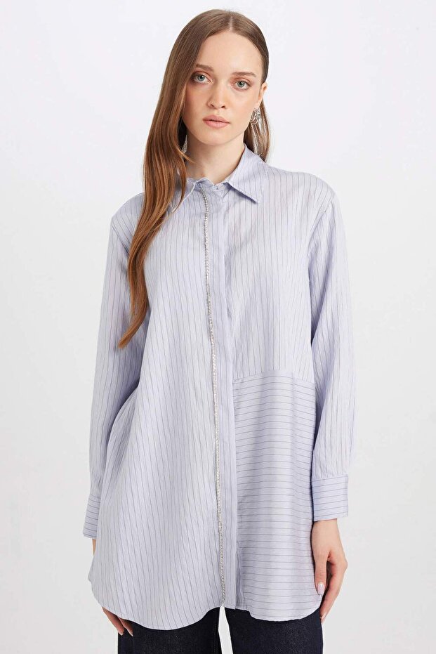 Relax Fit Shirt Collar Slit Long Sleeve Striped Shirt Tunic D7199Ax24Wn