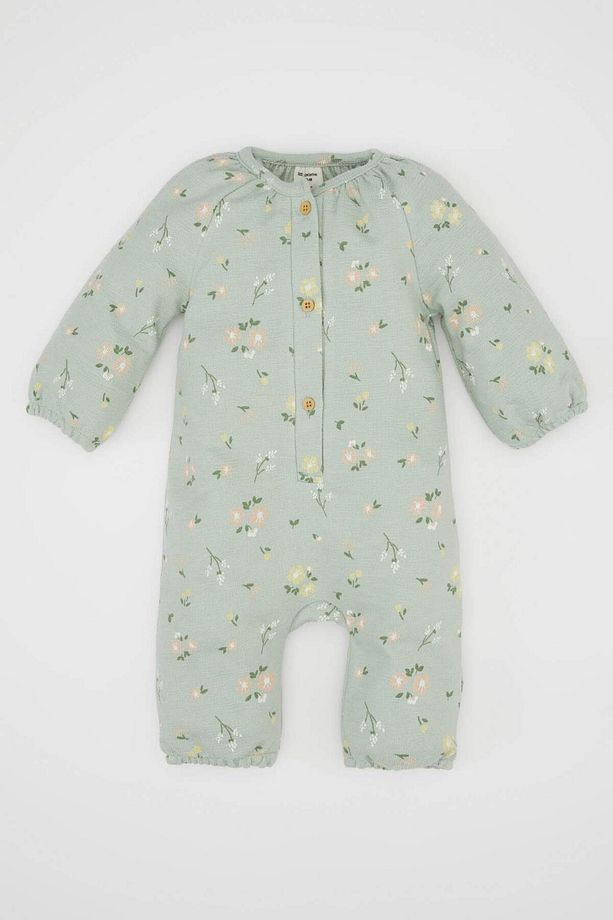 Kız Bebek Yeni Doğan Yeşil Düğmeli Çiçek Desenli Uzun Kollu Tulum D4110a524wn - 1