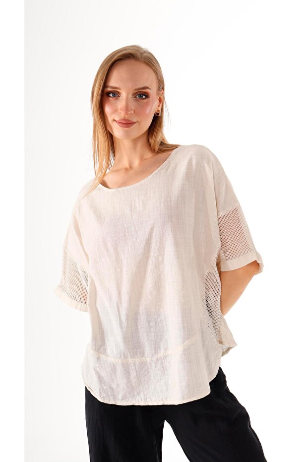 Side Mesh Linen Blouse - 3
