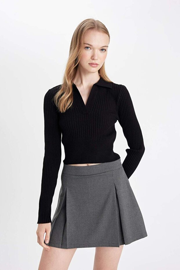 Coool Basic Düz Yüksek Bel Piliseli Mini Etek C8725AX24AU - 3