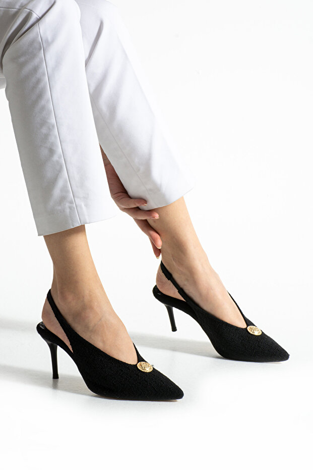 Siyah Kumaş Dokulu Slingback İnce Topuklu Tokalı Stiletto Kadın Ayakkabı Şık Rahat Zarif Model - 1