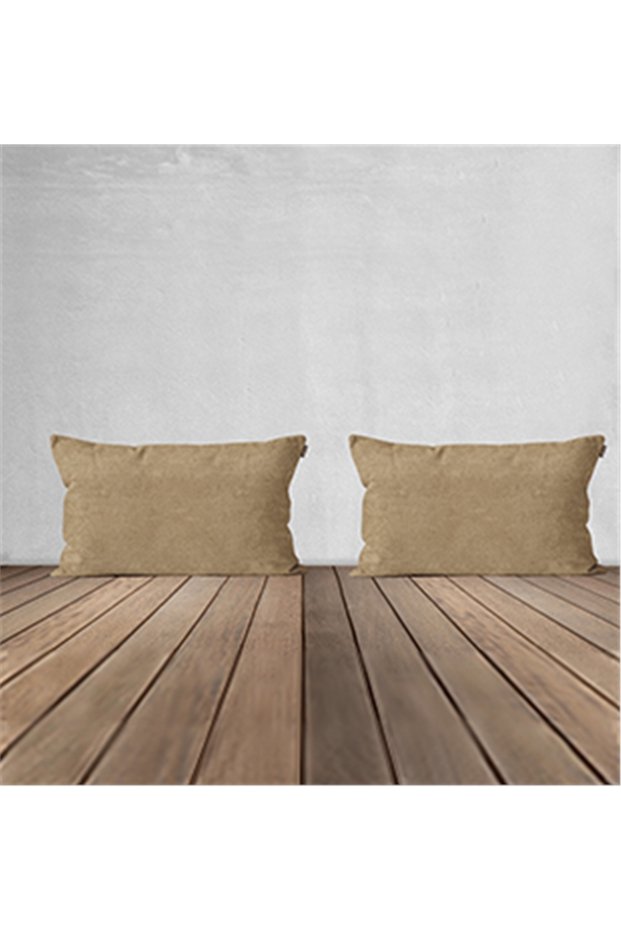Beige Colored 2-Piece Velvet Textured Rectangular Throw Pillow Set