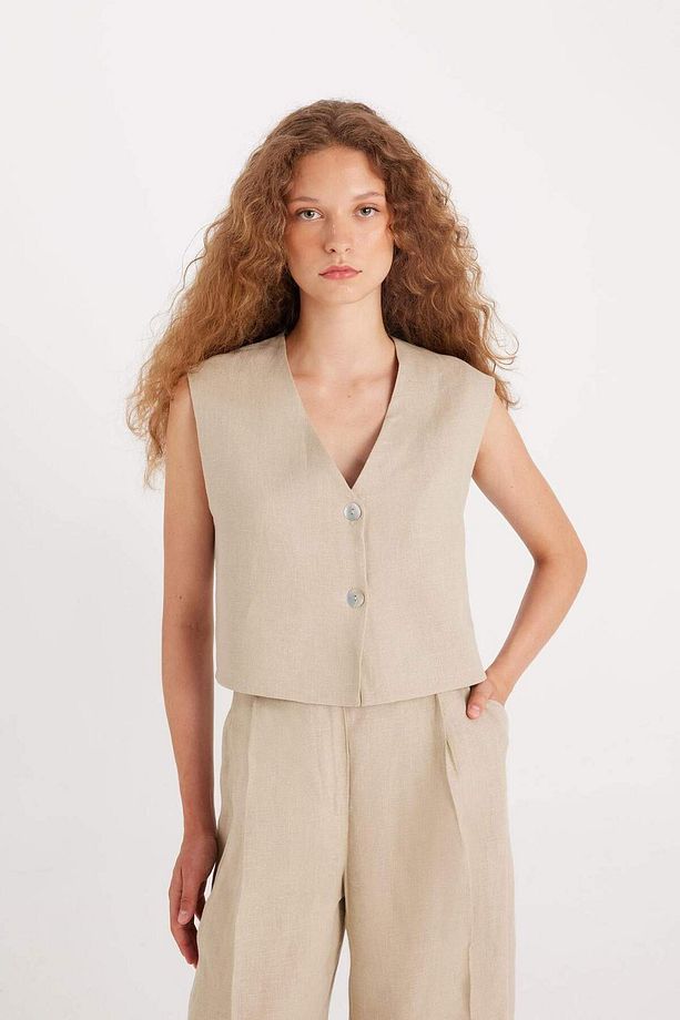 Manuka x %100 Keten V Yaka Basic Düz Blazer Yelek D4391AX24HS - 5
