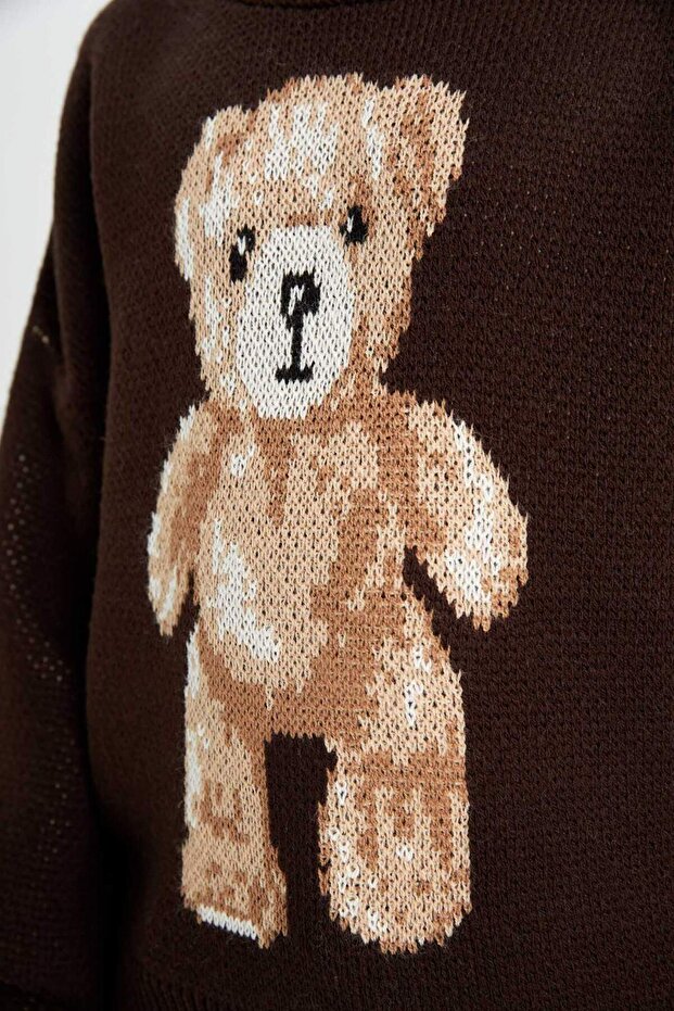 Kız Çocuk Oversize Geniş Kalıp Bisiklet Yaka Ayıcık Desenli Triko Kazak C6942A824AU - 5