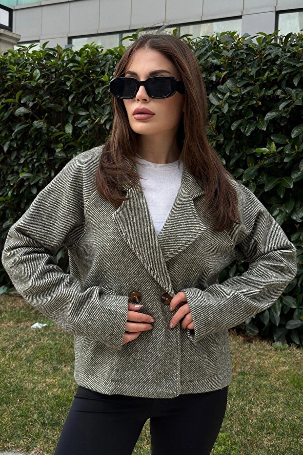Women's Khaki Double Breasted Collar, Double Button, Comfortable Fit, Ribbed Stamp Fabric Jacket