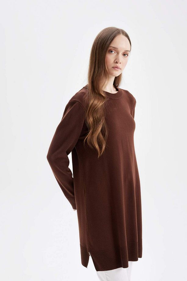 Regular Fit Bisiklet Yaka Yırtmaçlı Basic Düz Kazak Tunik H3431AZ24AU - 4