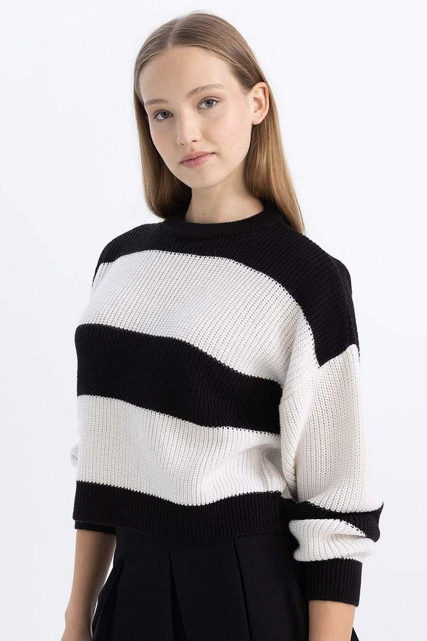 Coool Oversize Geniş Kalıp Bisiklet Yaka Çizgili Triko Kazak X4931AZ24WN - 1